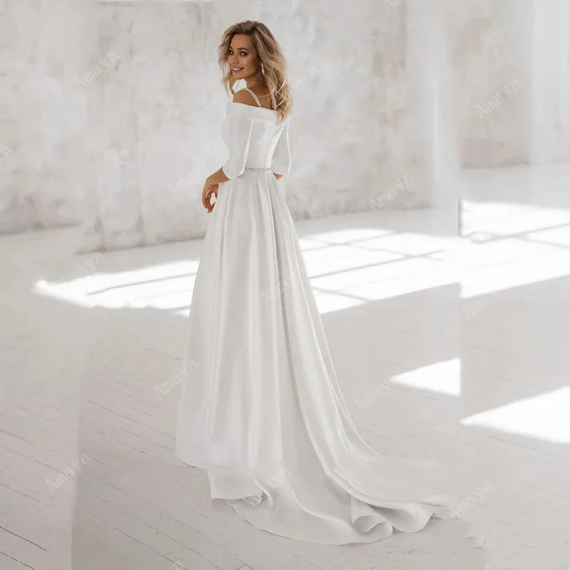 Simple Boho Off The Shoulder Wedding Dress Half Sleeves Vestido De Casamento Satin Wedding Robe Party Gowns Sweep Train lace wedding dress