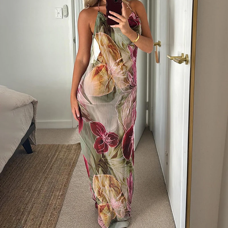 Vintage Floral Print Dress for Women Sexy V Neck Suspender Backless Slit  Long Dresses Summer 2025 New Fashion Vacation Vestidos - AliExpress  200000345