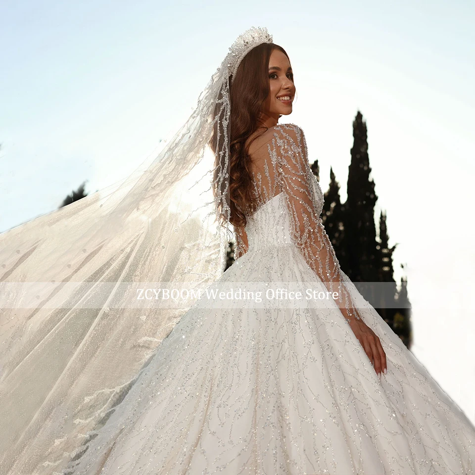 Luxuriöse Glitzer-Pailletten Königliche Ballkleider Hochzeitskleider 2026 Prinzessin Dubai Illusion Langarm Brautkleider Vestidos De Novia – Detail 6