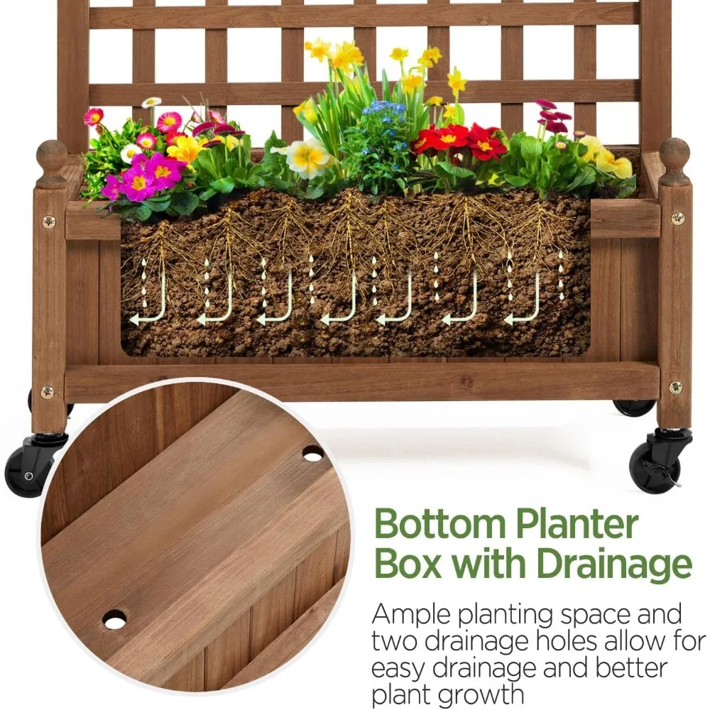 Raised Garden Bed 2pcs 50" H with Trellis & Wheels Standing Vertical Horticulture Planter Box for Vine Climbing Plants
