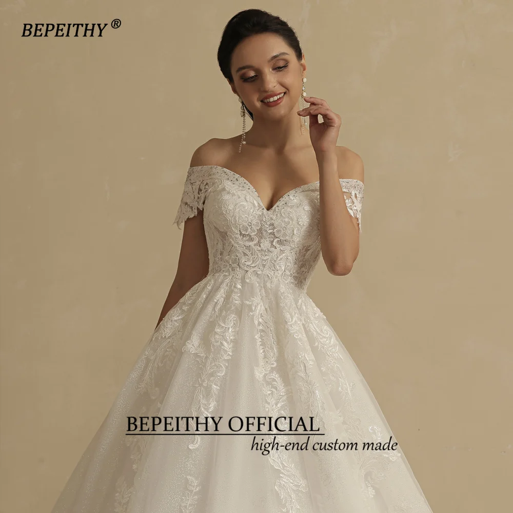 BEPEITHY Princess Glitter Wedding Dresses For Women 2022 Bride Romantic Lace Sleeveless Boho Bridal Gown France Robe De Soiree