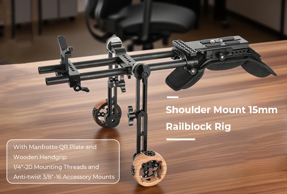 Shoulder Kit Mount 15mm Railblock Rig with Manfrotto QR Plate and Wooden Handgri