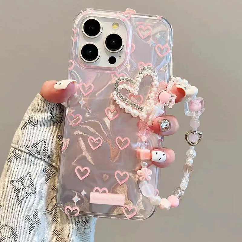Love Heart Pearl Y2K Flash Case with Chain Cover