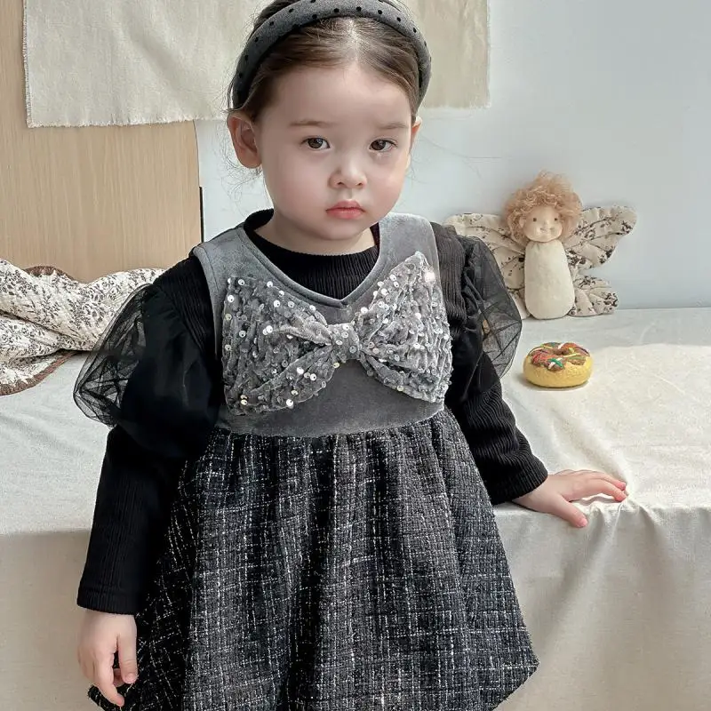 Baby Girl Black Bow Vest Dresses Girls Sisters Rompers Autumn Winter Sweet Dress Korean Infant Birthday Baptism Clothes