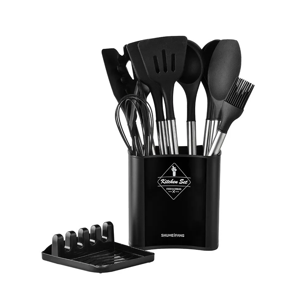 Silicone Cookware Set 13 PCS Silicone Kitchen Utensil Stainless Steel Handle Kitchen Cooking Baking Tools Storage Bucket