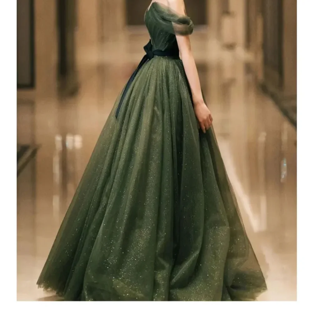 

Classic Long Green Off the Shoulder Glitter Tulle Short Sleeves A Line Floor Length Vestidos Para Eventos Especiales