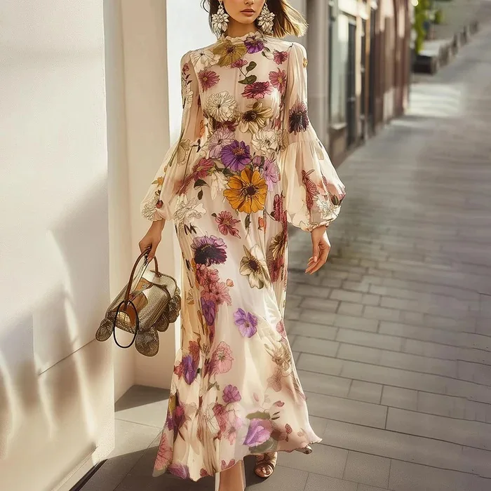 Abito elegante da donna in chiffon a maniche lunghe Moda Primavera Autunno Manica a lanterna Vita con volant Stampa floreale Abiti da festa da donna - immagine 2