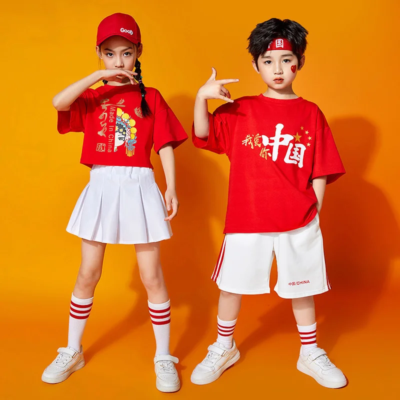 

Children's dance performance clothes, Chinese style facial makeup, short sleeve suit, kindergarten performance clothes, primary