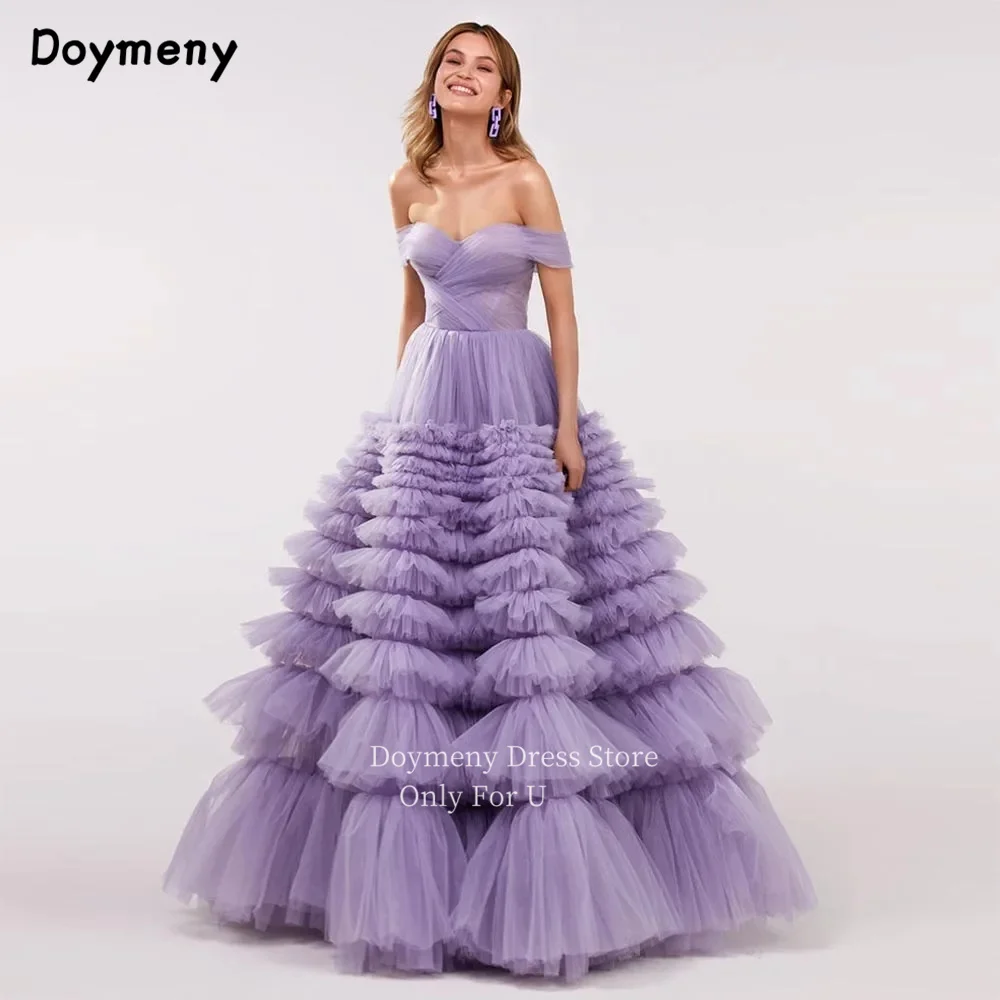 

Doymeny Tiered Layered Prom Dresses Off Shoulder Ruffled Tulled Evening Dress Lace up Party Gown vestidos de noche فساتين السهرة