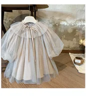 Robe en Tulle de couleur unie pour petites filles, décolleté à volants, nœud papillon au dos, manches bouffantes, jupe élégante en maille superposée 2