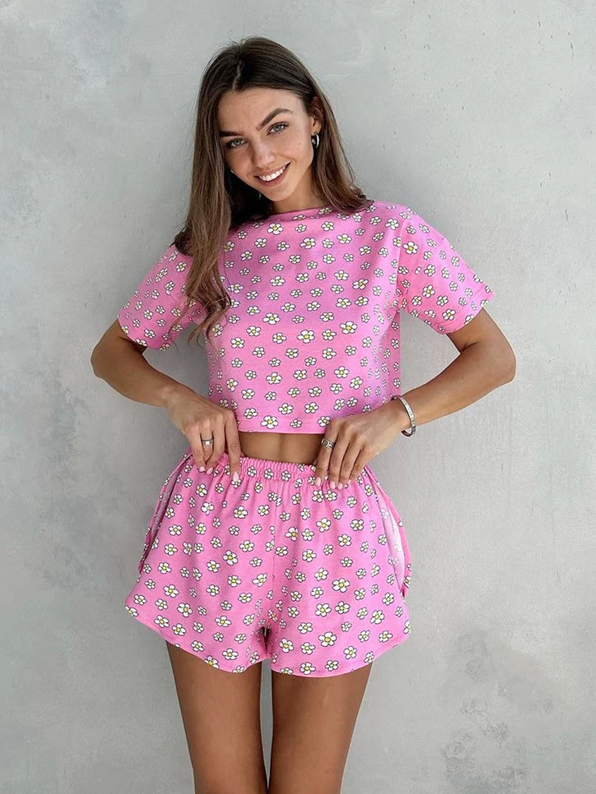 Marthaqiqi Fashion Printing Femme Pajama Suit O-Neck Sleepwear Short Sleeve Nightwear Crop Top Nightie Women Pyjamas 2 Piece Set
