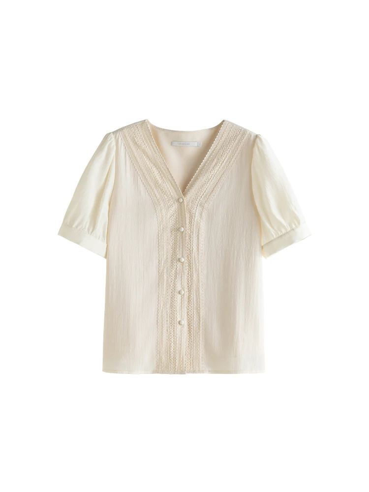 DUSHU Women V-Neck Lace Short Sleeve Blouse 2023 Summer Beige Temperament Single Brested Women Shirts Office Lady Tops