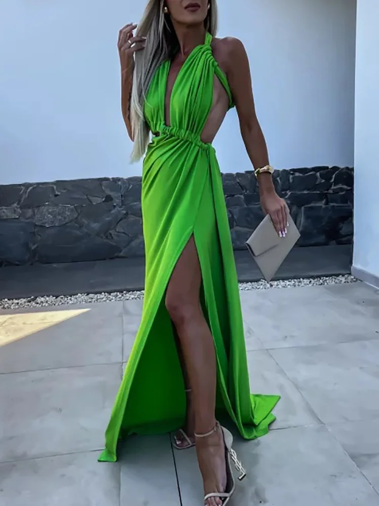 

Элегантное однотонное Лоскутное Платье макси с высоким разрезом, женское летнее Открытое платье без рукавов, простое женское платье с лямкой на шее 2024