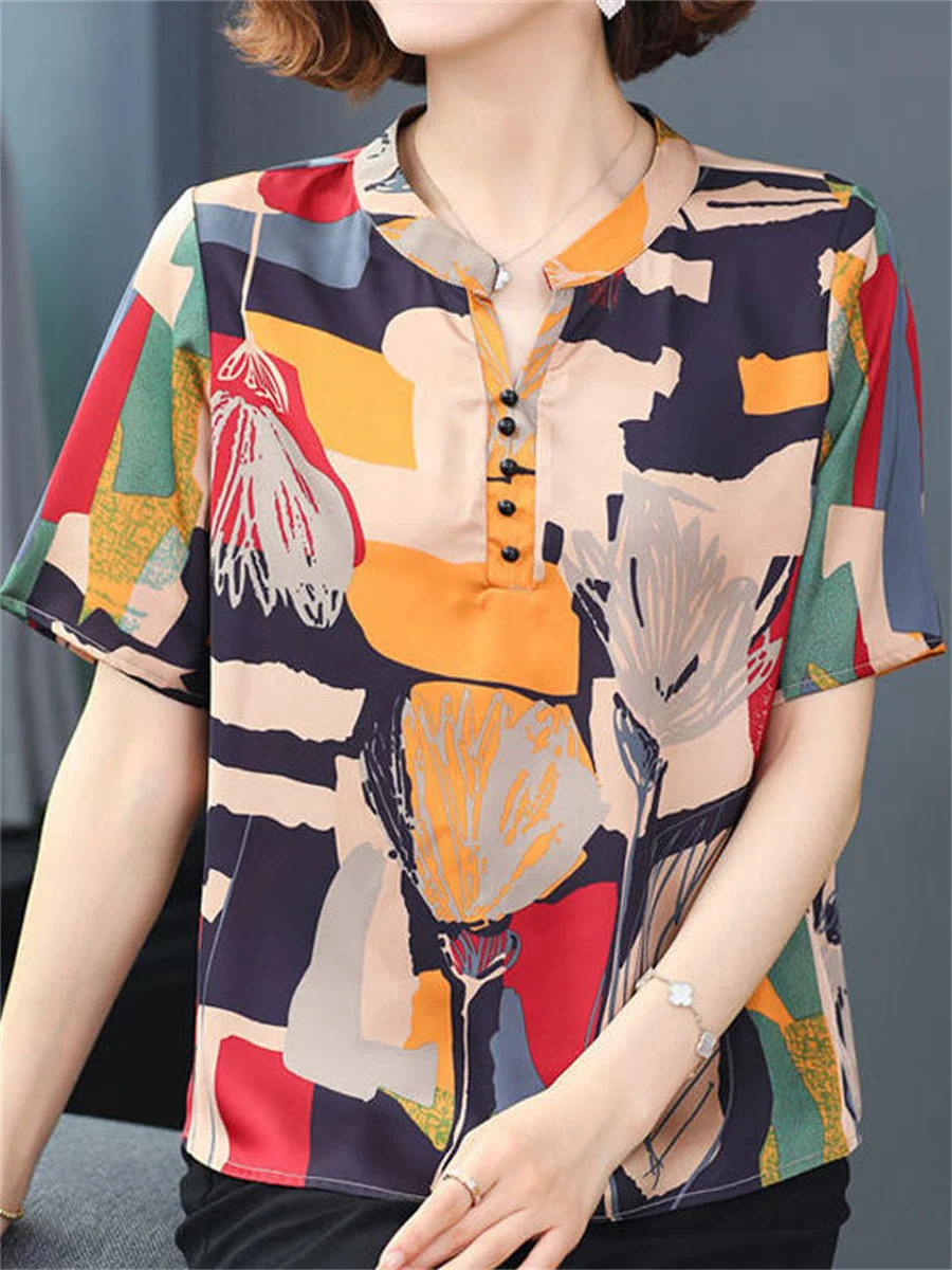 

Woman Summer Style Blouses Tops Lady Casual Short Sleeve V-Neck Patchwork Printed Blusas Tops DF4524