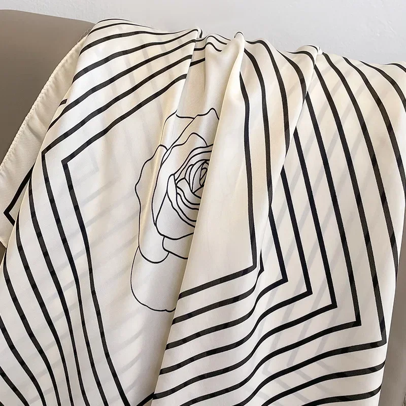 Luxury Stripe Print Silk Square Scarf Women Floral Soft Satin Hairband Kerchief Neckerchief Hijab Headband Foulard Bag Ribbons 4