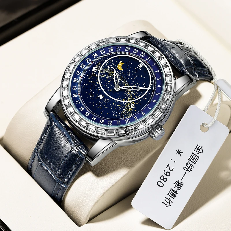 2022 New Mens Watches Luxury With Diamond Design Gypsophila Automatic Mechanical Rotate Watches Luminous Moon Phase AAA Clocks