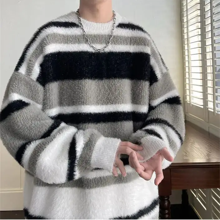 Autumn Winter Striped Soft Sticky Casual Men's Loose Pullover Sweater T Shirt Long Sleeve Top