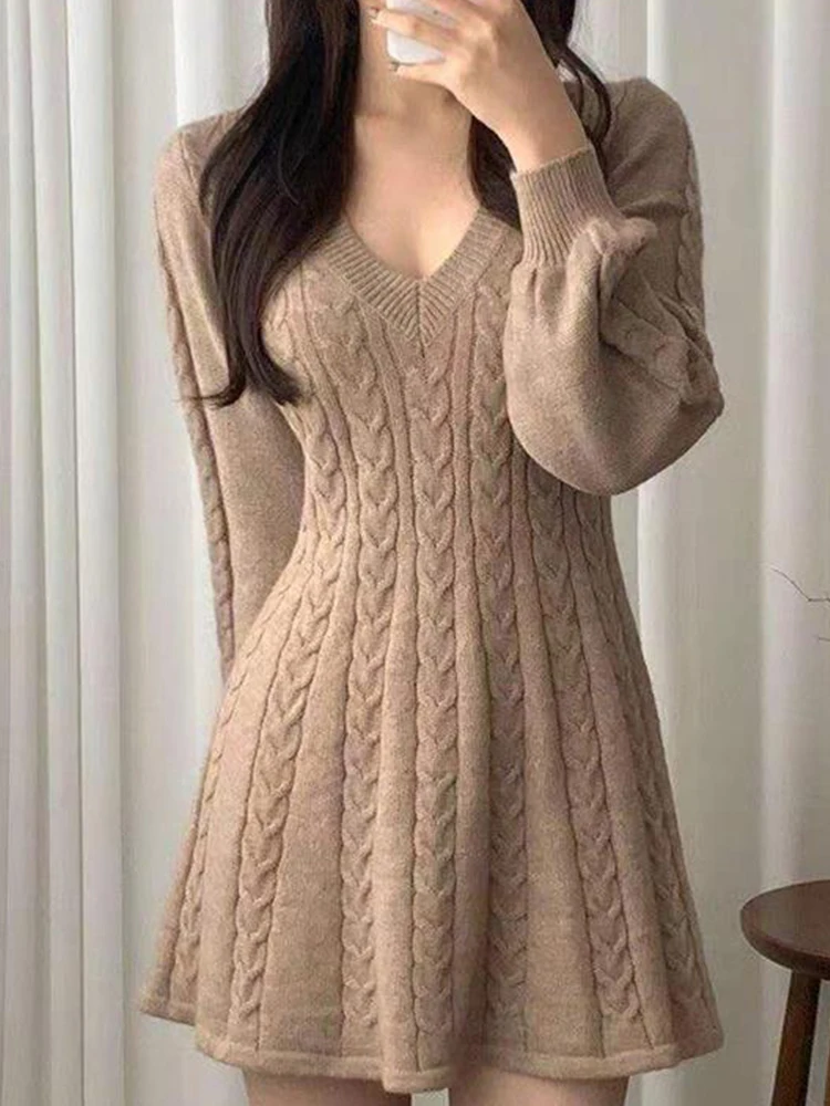 

Fashion Sweet Sweater Short Dresses Women Clothes Cute Inner-Match Knitted Long Sleeve Mini Gown Street Bottom Mujer Vestidos