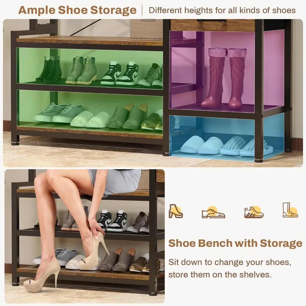 hall tree with bench and shoe storage, 7-in-1 entryway bench with coat rack, 3 storage cubbies, 3 open shelves, 17 coat hooks,