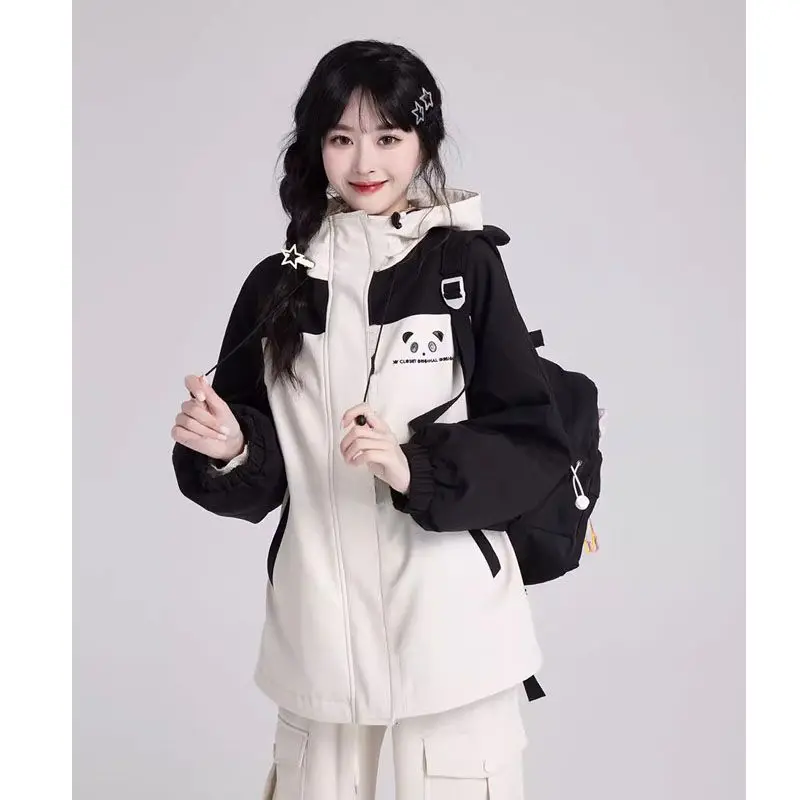 여성용 귀여운 팬더 자수 재킷, 스위트 지퍼 후드 재킷, 캐주얼 루즈 포켓, 하라주쿠, 가을 신상