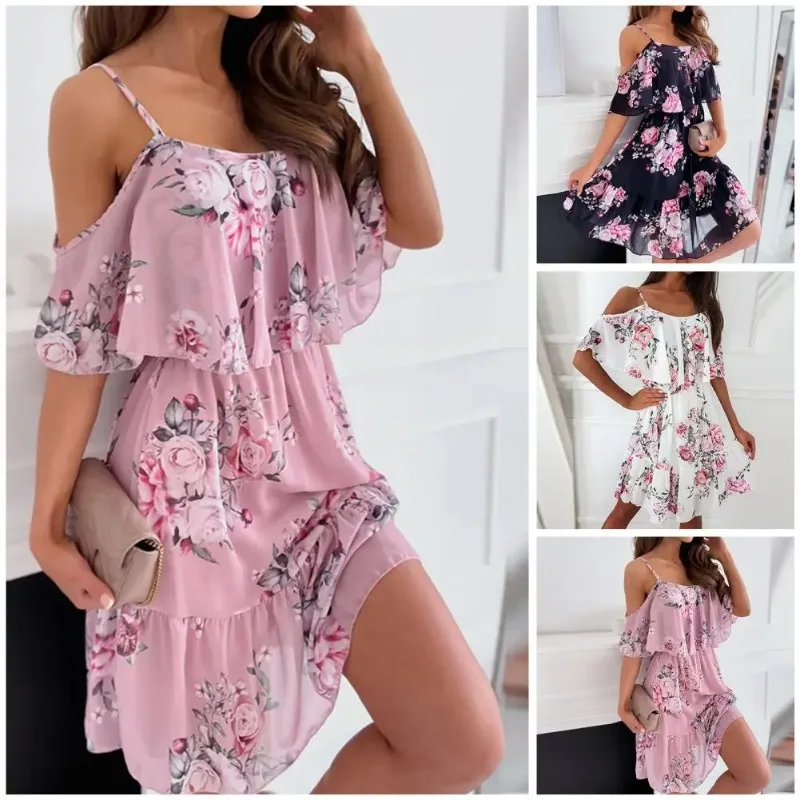 

Women Dress Ruffle Spaghetti Strap Patchwork Mini Dress Off Shoulder Short Sleeve Lady Sling Dress For Beach