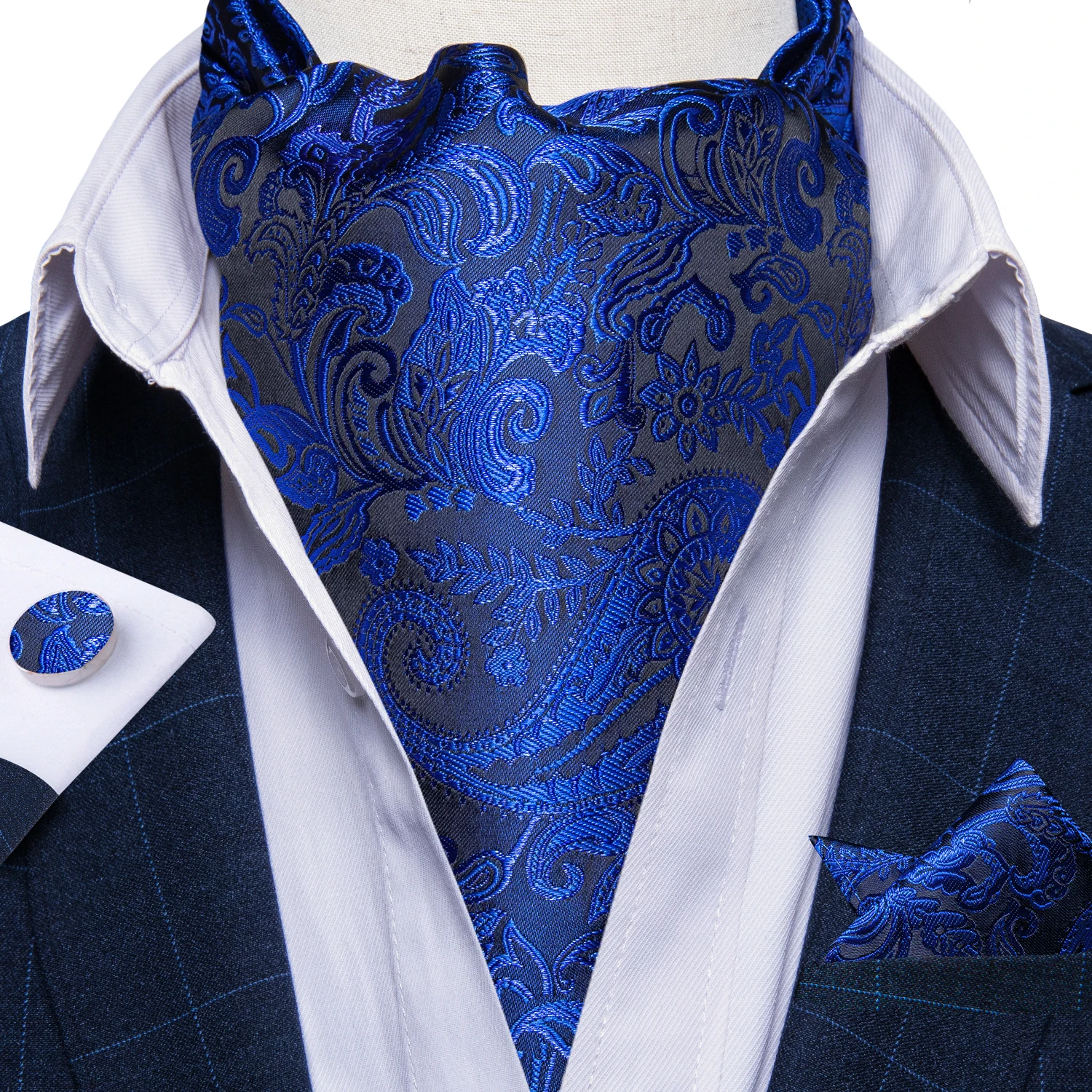 Gravata Ascot Masculina Paisley Floral - Conjunto Com Abotoaduras De Bolso - Azul Marinho Para Casamentos E Eventos