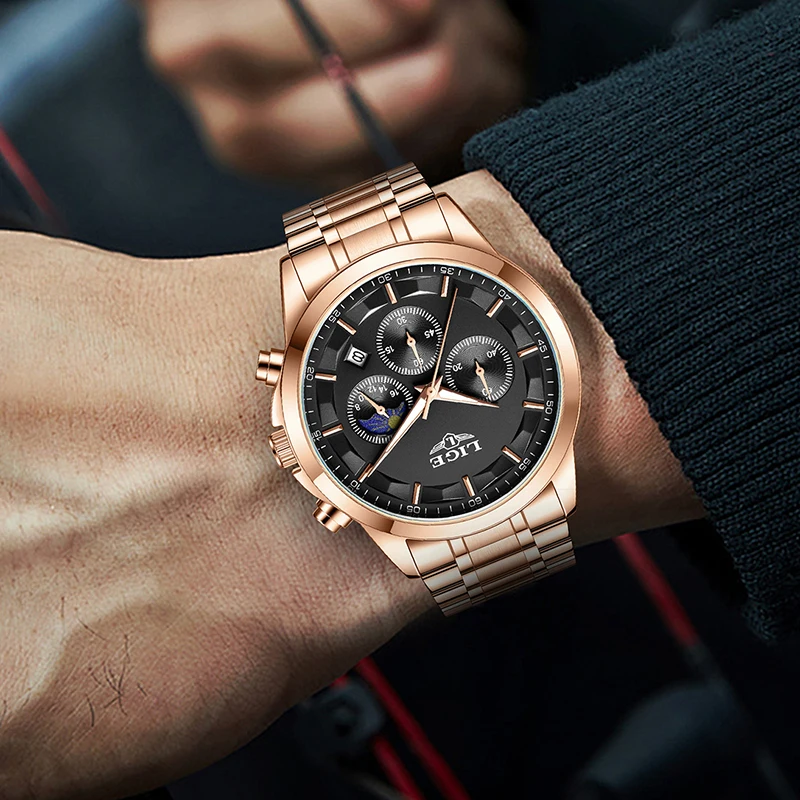 LIGE New Sports 24 Hour Moon Phase Chronograph Wrist Watch For Men Fashion Business Waterproof Luminous Men's Quartz Watches