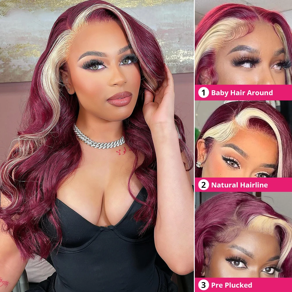 

Luxediva 99J Burgundy Lace Front Wig 613 Highlight Blonde Wig Peruvian Body Wave 13x4 HD Lace Frontal Human Hair Wig For Women