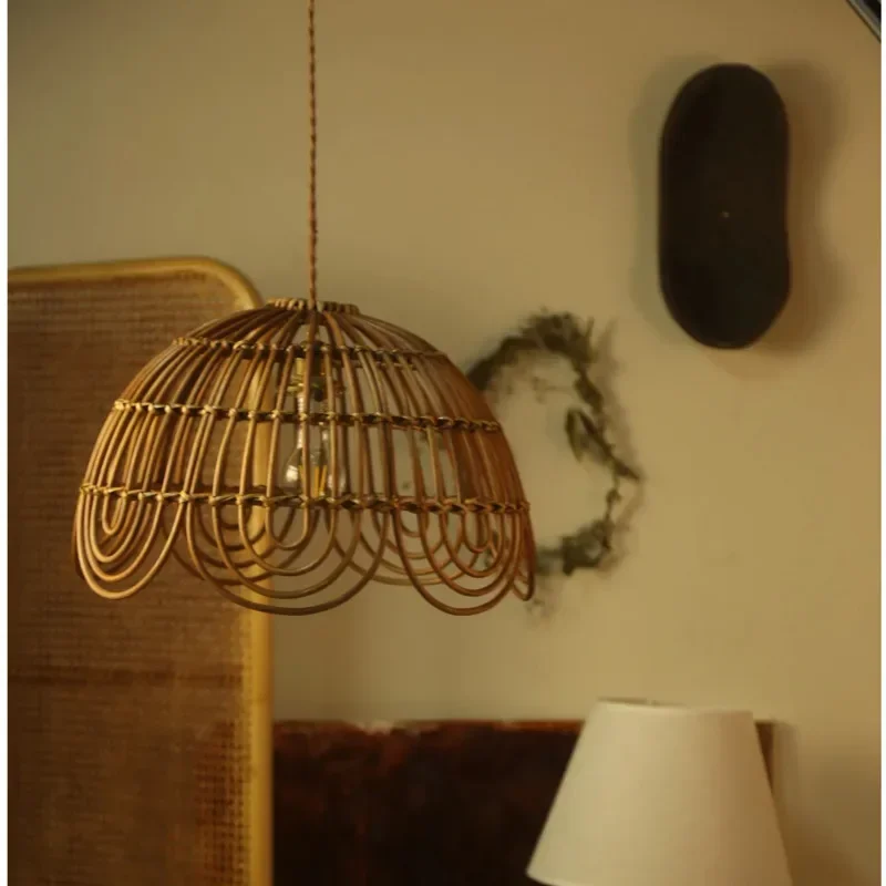 French Vintage Pendant Light Restaurant Decoration Ceiling Lamps Handmade Rattan Weaving Lamp For Bedroom Ambience Home Lighting