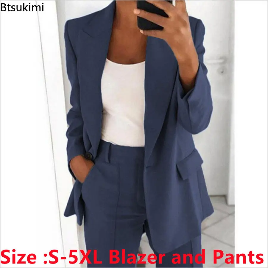 Plus Size 4XL 5XL Women's Clothing Sets Two Pieces Office Ladies Business Formal Blazer and Pants Sets Solid Oversized Tracksuit