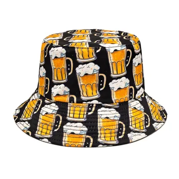 Cappello da pescatore con motivo di stampa di birra in cartone animato Cappelli da pescatore Doppi lati Cappellino Panama in poliestere unisex da viaggio in spiaggia all'aperto Nuovo 1
