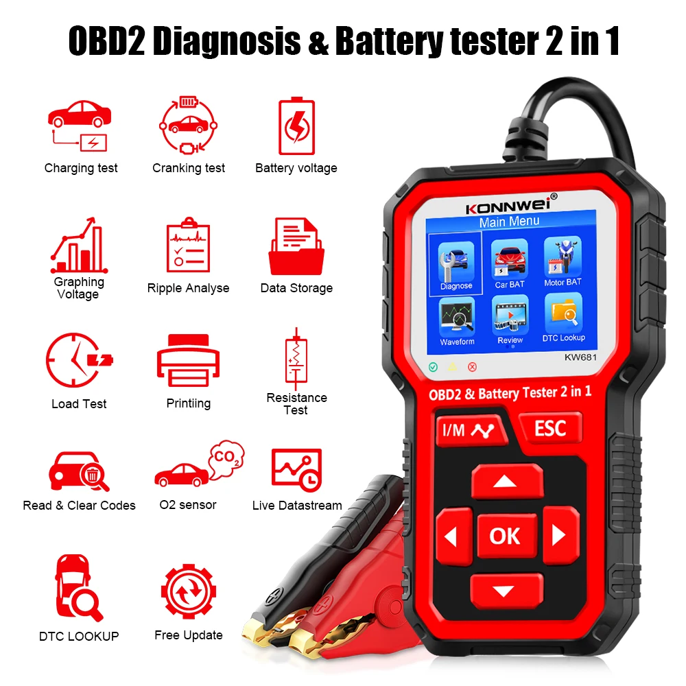 KONNWEI-KW681 6V 12V 자동차 오토바이 배터리 테스터 Obd 2 자동 진단 도구, 2 인 1 2000 CCA 자동차 진단 Obd2 스캐너