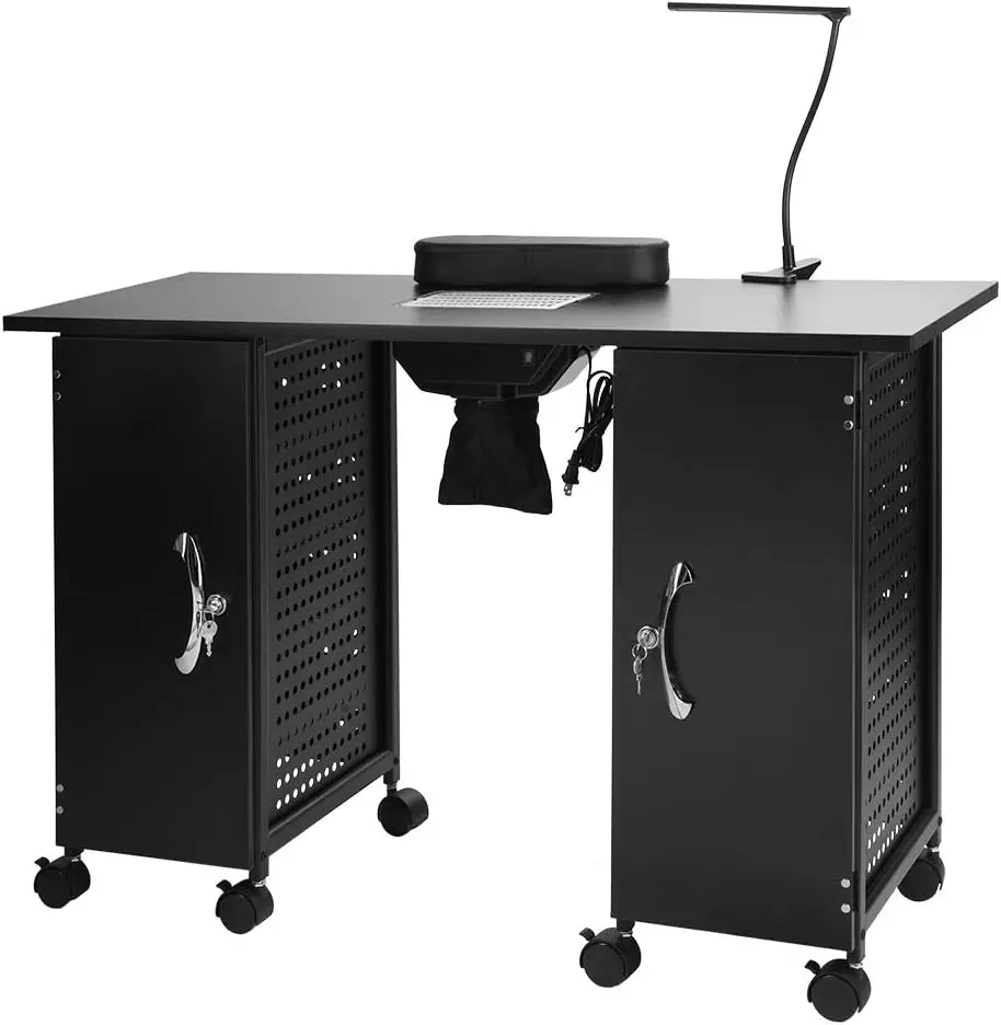 

Manicure Table Nail Desk w/Electric Downdraft Vent,Iron Frame Beauty Spa Salon Workstation w/Wrist Rest,Lockable Cabinets,Caster