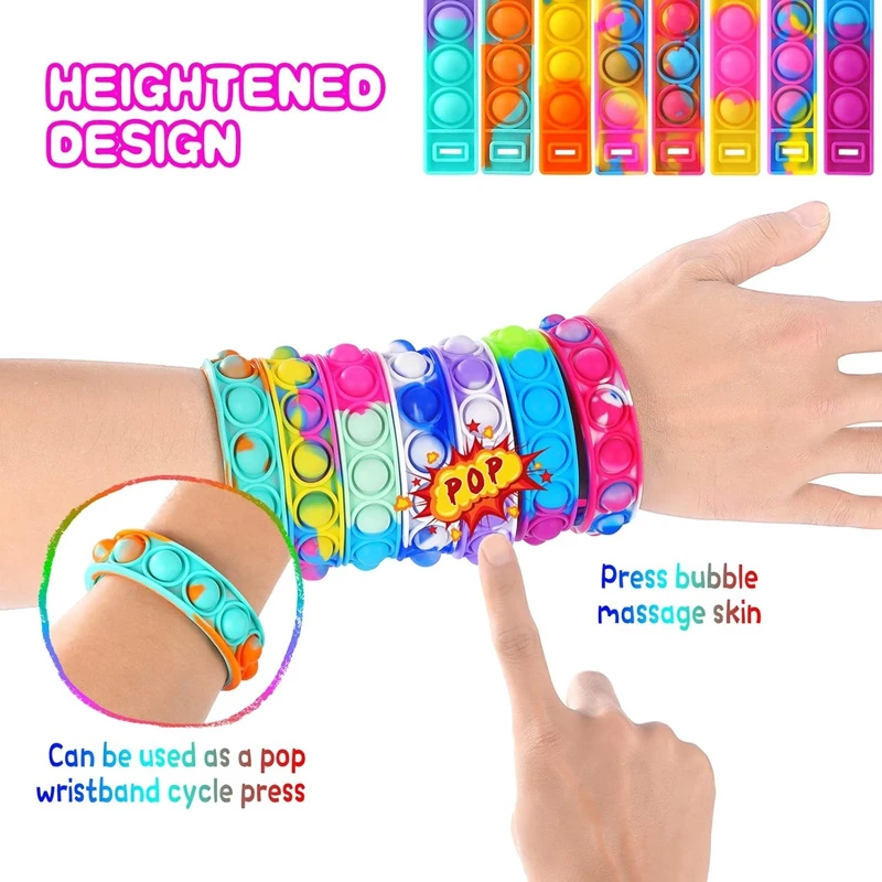 12Pcs Pop Bracelets Fidget Toy Kids Birthday Party Favors Goodie Bag Pinata Filler Guest Gift Sensory Stress Relief Wristband