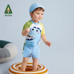 Amila Baby Boy Swimsuit 2023 Summer New Cute Dinosaur Color Bump Print Casual Fashion T-shirt + Shorts Set Children Clothes 0-6Y