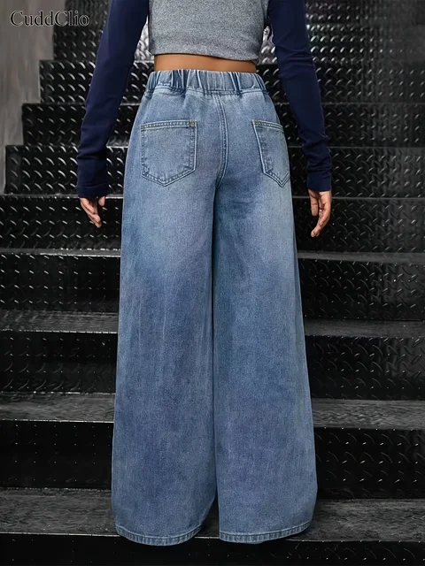 بنطال بناتي عصري موديل 2000 فضفاض ومريح من قماش الدنيم المغسول بأرجل مستقيمة، مع خصر مطاطي 2