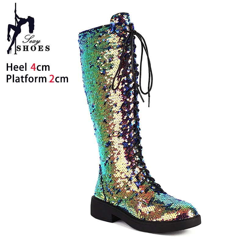 Sequined Women's Boots 2024 New Punk Girls High Help Shoes Glitter Chunky Heeled Booties Lace Zipper Knee High Boots Size 34-43