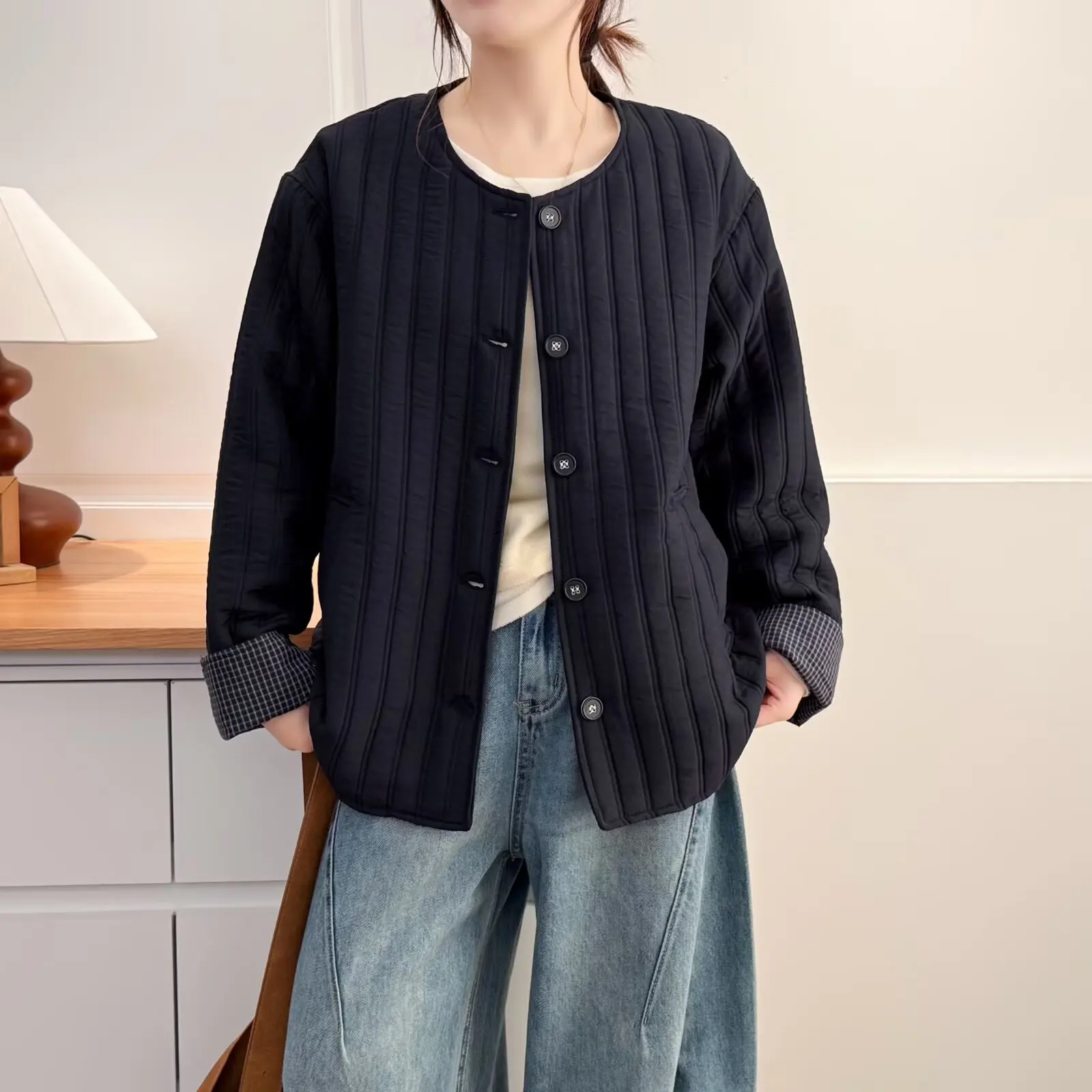 Plus Size Women's Parkas Casual Thin Collarless Plaid Cuffs Padded Jacket Warm Vertical Stripe Quilting Coats 2582