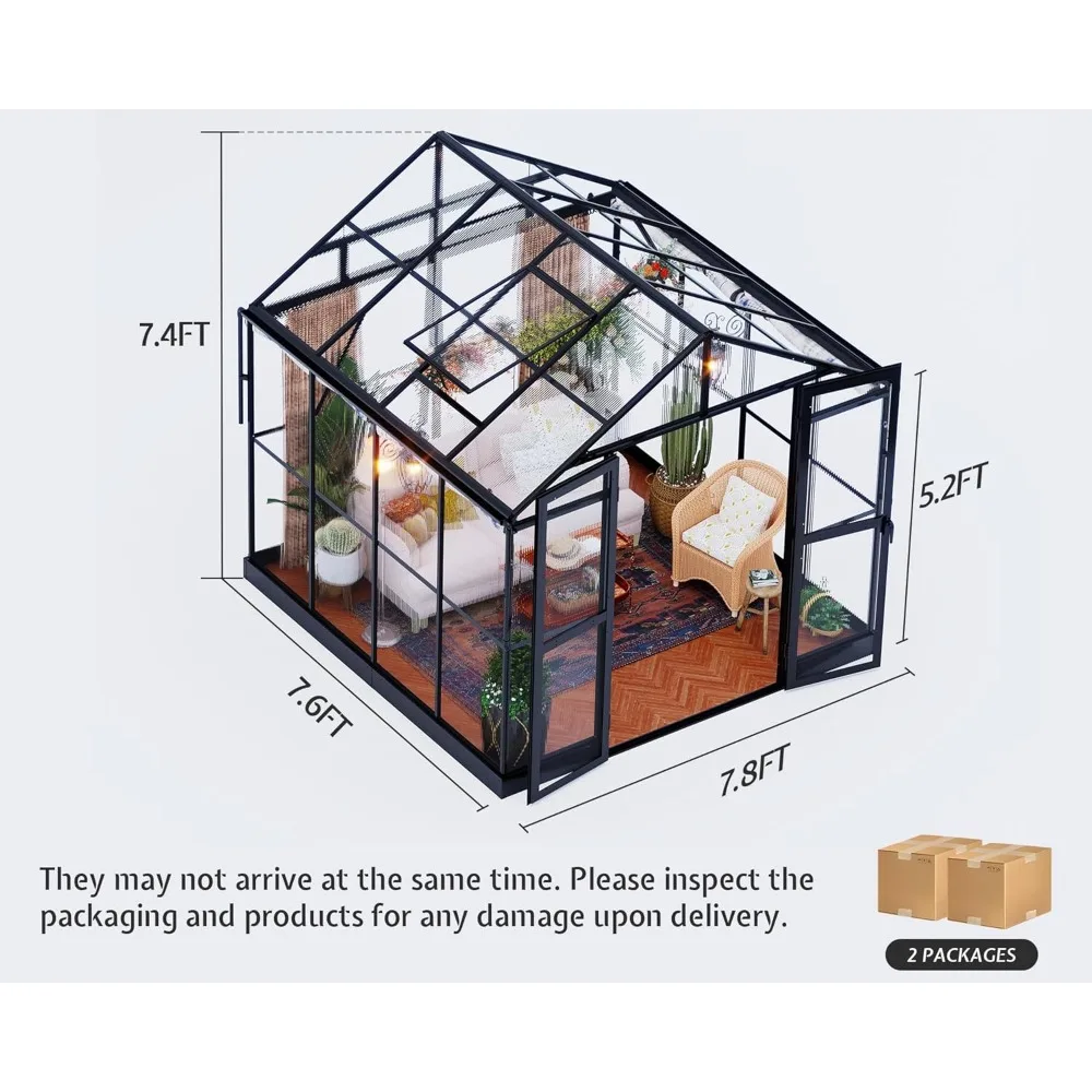 Aluminum Polycarbonate Greenhouse with Ventilation and Rain Gutter, Double Swing Doors with Hook, Greenhouses 4