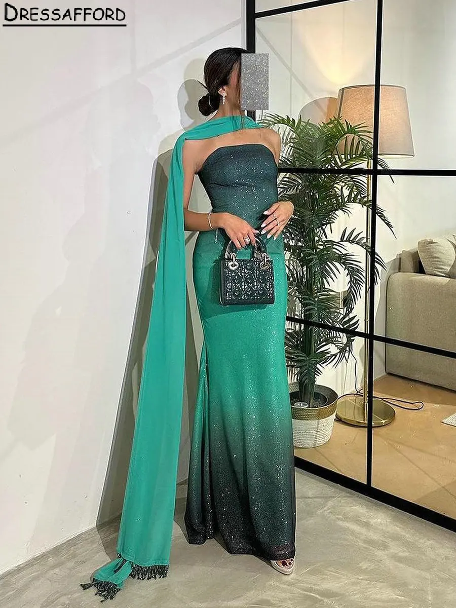 

Зеленое градиентное вечернее платье без рукавов с блестками из Дубая, вечернее платье-Русалка без бретелек с лентами и кисточками, официальное платье для вечеринки