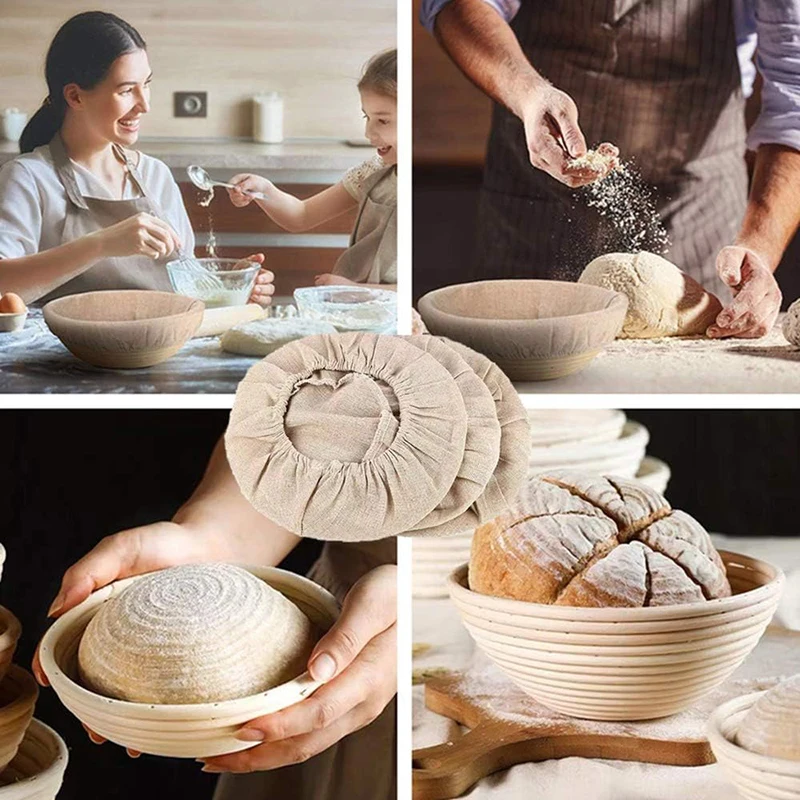 Fermentation Basket 3/4Pcs Bread Basket Liner Cloth Set 9/10Inch Round Dough Fermentation Cloth Liner Baking Dough Basket Cover DIY Baking Tools