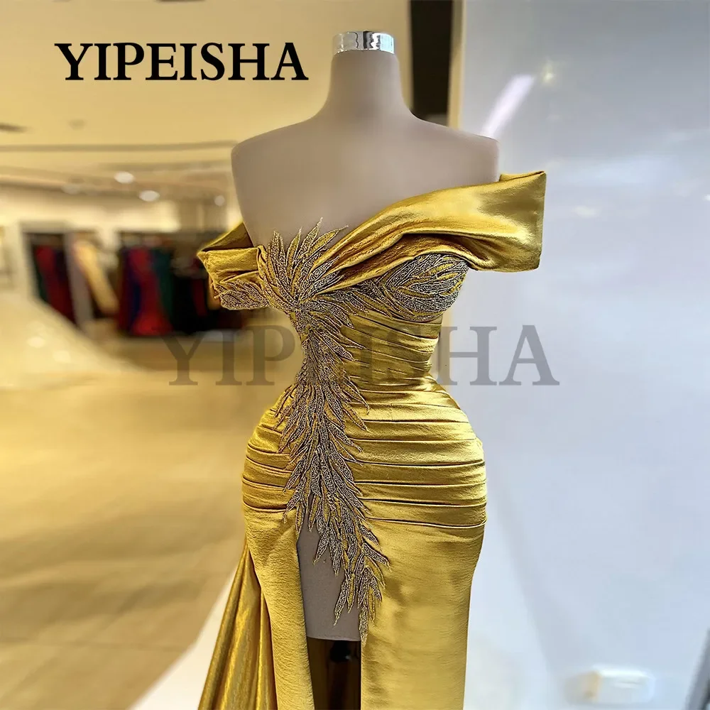 

Exquisite Boat Neck Mermaid Evening Dresses Front High Split Lace Appliques Gold Long Prom Gown robes de soirée فساتين السهرة