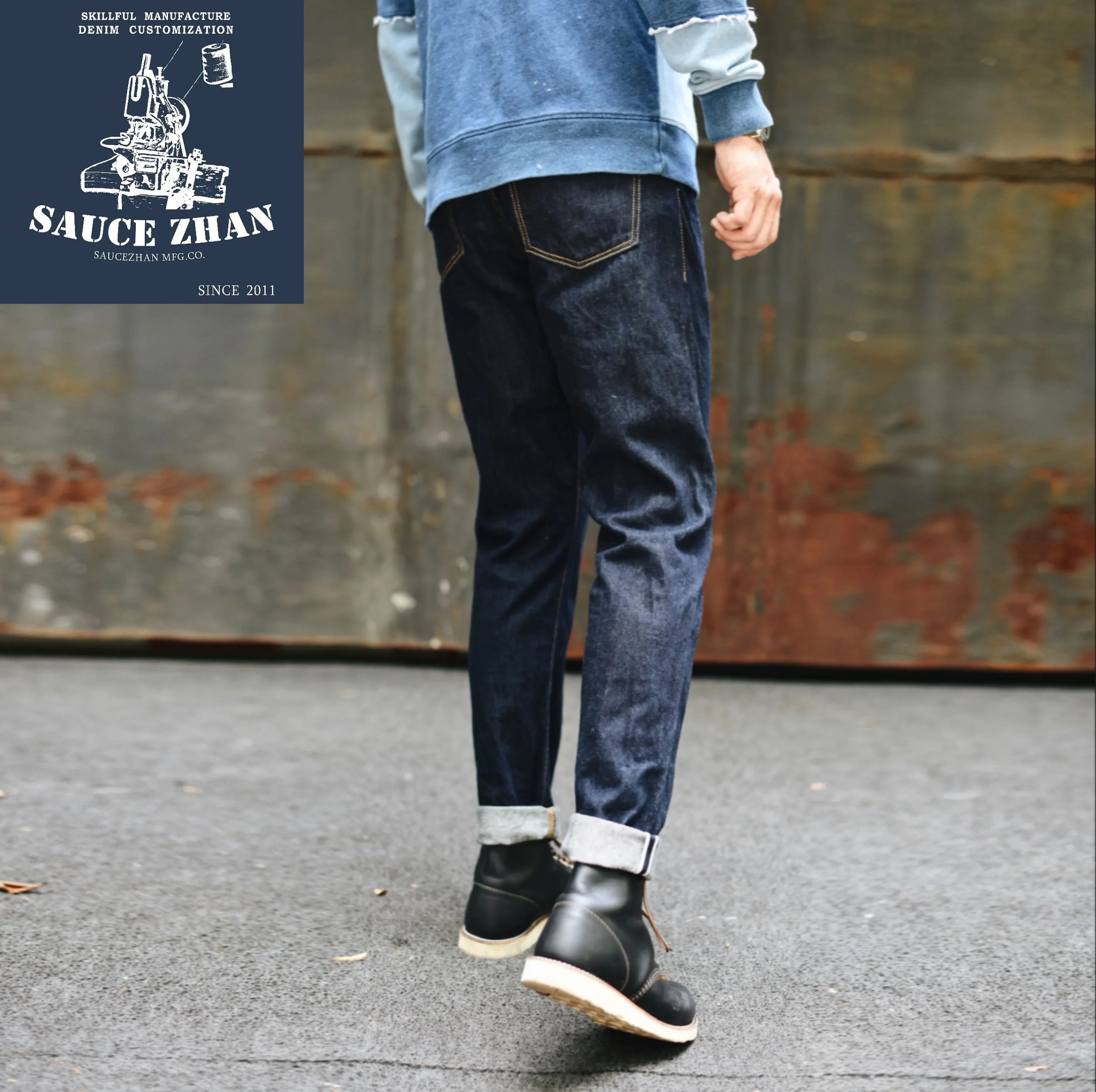 Saucezhan 314XX Mens Jeans Sanforized  Selvedge Denim Jeans for man Indigo and Black Jeans Zipper Fly Slim Fit 3