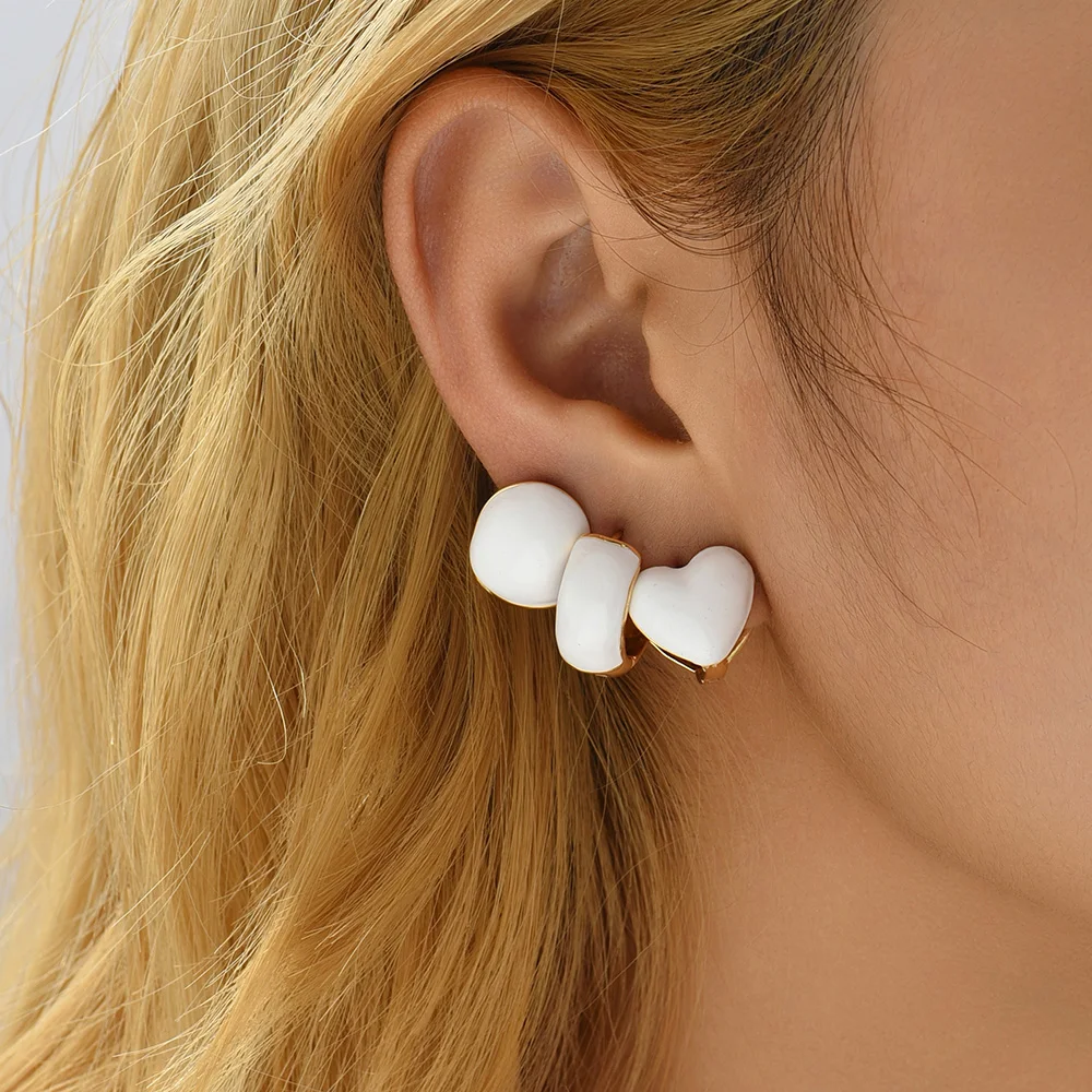 Trendy White Enamel Round Earring Hoops for Women CZ Zircon Geometric Star Heart Huggie Earring Party Jewelry Gifts