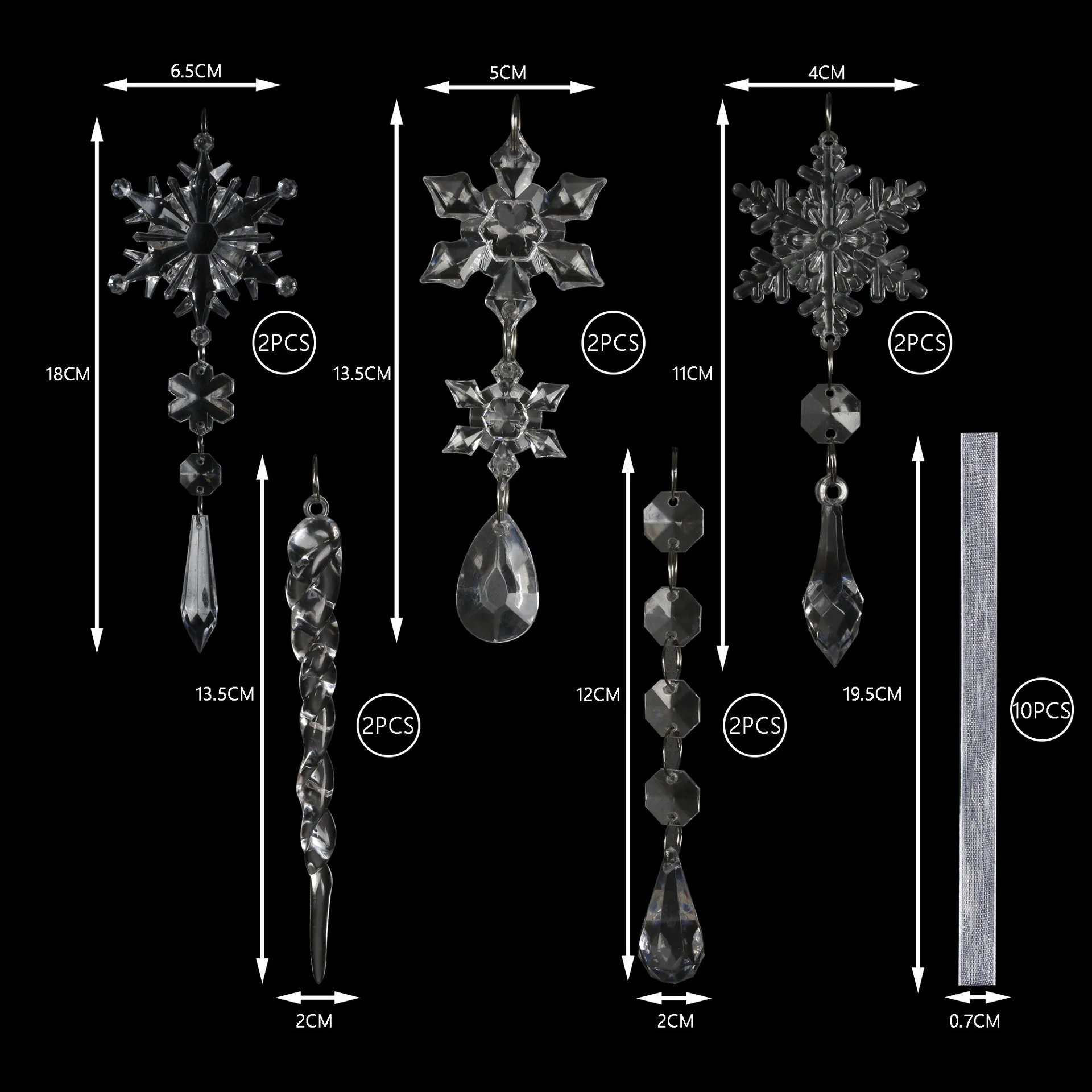 10PCS Crystal Clear Christmas Tree Ornaments Icicle Snowflake Decorations for Xmas Winter Party Decor 2025 Navidad Natal Decor