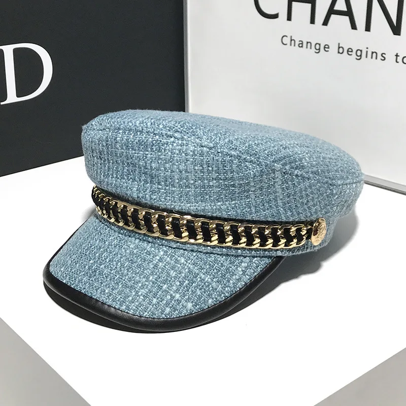 New Fashion Women's Flat Top Plaid Chain Military Hat Elegant Artist Black Korean Octagonal Beret Captain women military hat
