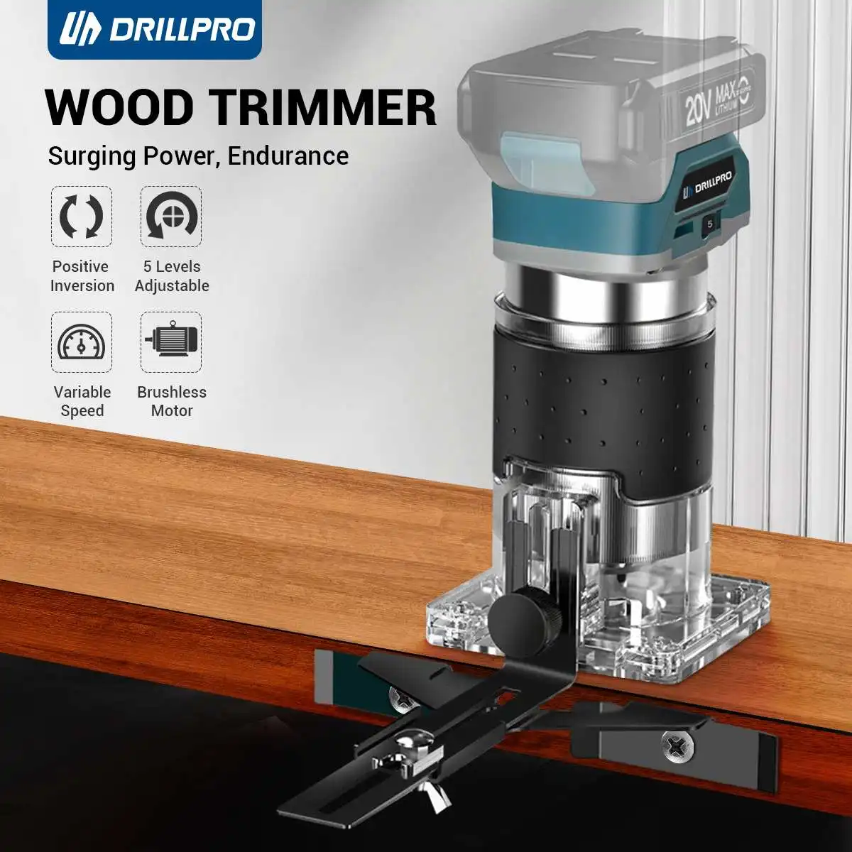 Drillpro 5 Speeds Brushless Electric Trimmer Machine Cordless Wood Router Woodworking Engraving Slotting for 18V Battery