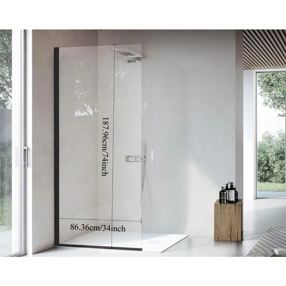 Shower Door Bathroom Semi-Framed Fixed Shower Glass Door Single Shower Screen in Matte Black Clear Tempered Glass Shower Door 2