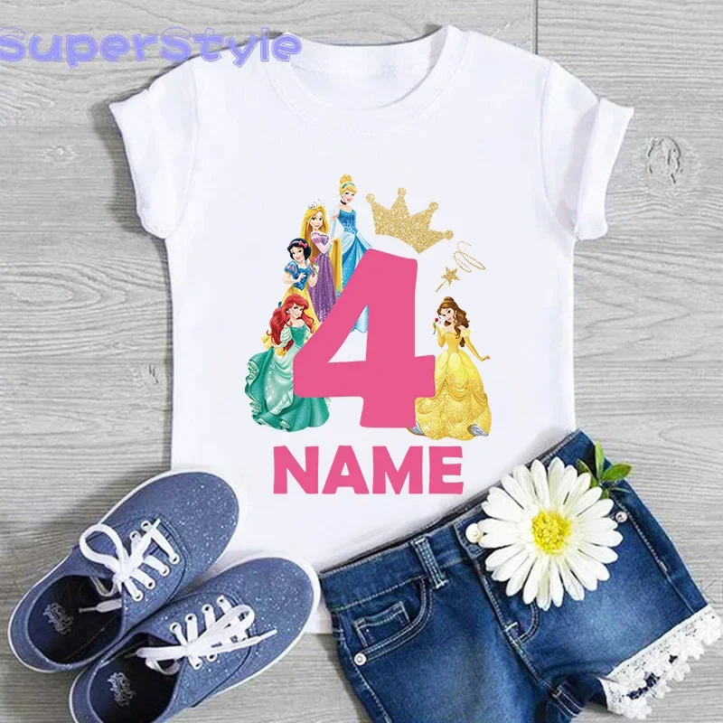Children Birthday Party Princess Costume Shirt Girls 1 2 3 4 5 6 7 8 9 Years Disney Princess Birthday Custom Name Kids T Shirts 2