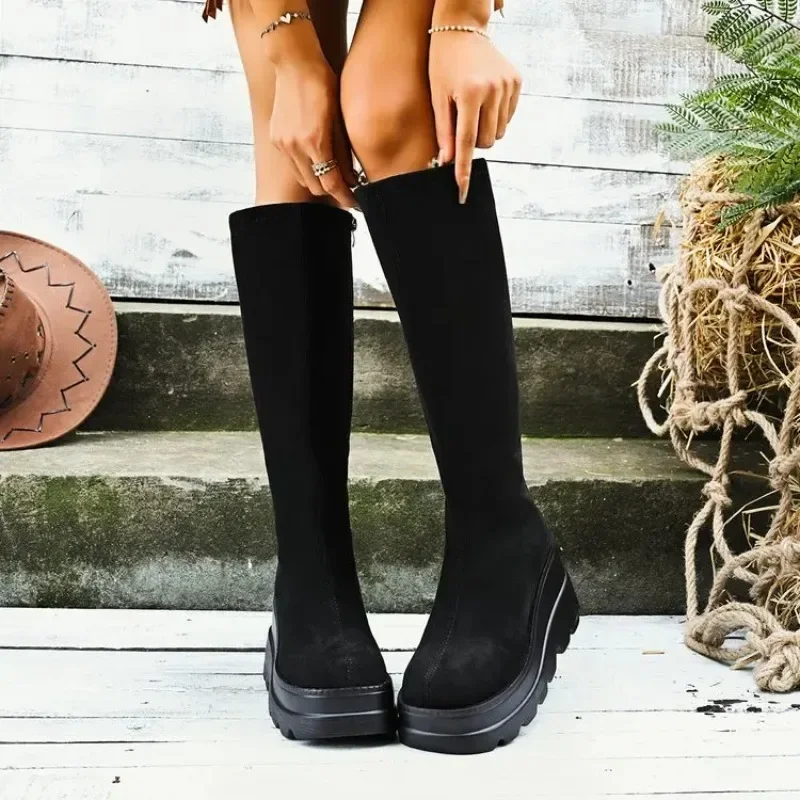 Fashion Suede Wedge Heel Ankle Boots Autumn Square Toe Chunky Platform Super High Heel Side Zip Boot Classic Solid Black Botas